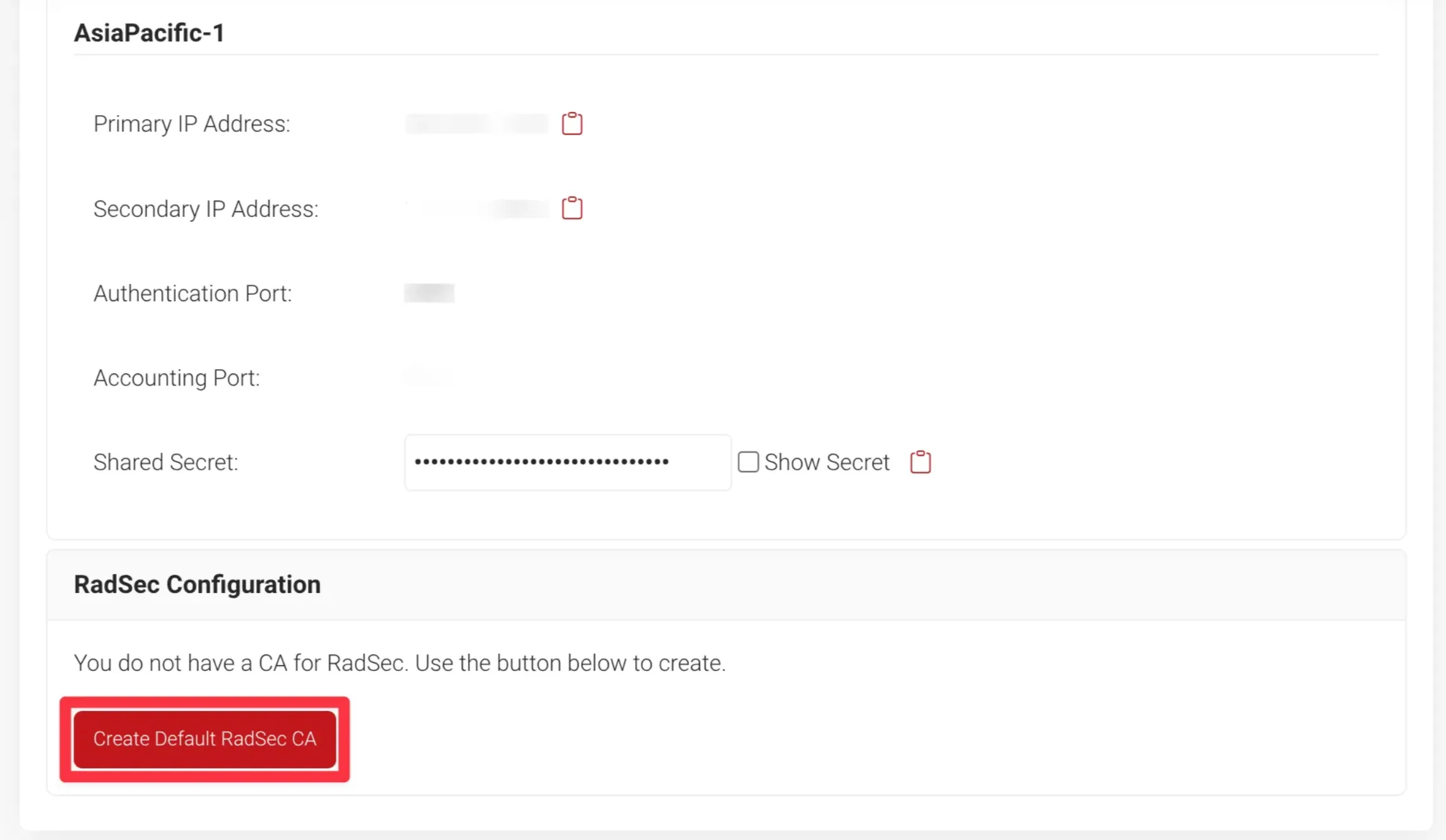 SecureW2でDefault RadSec CAを作成する画面