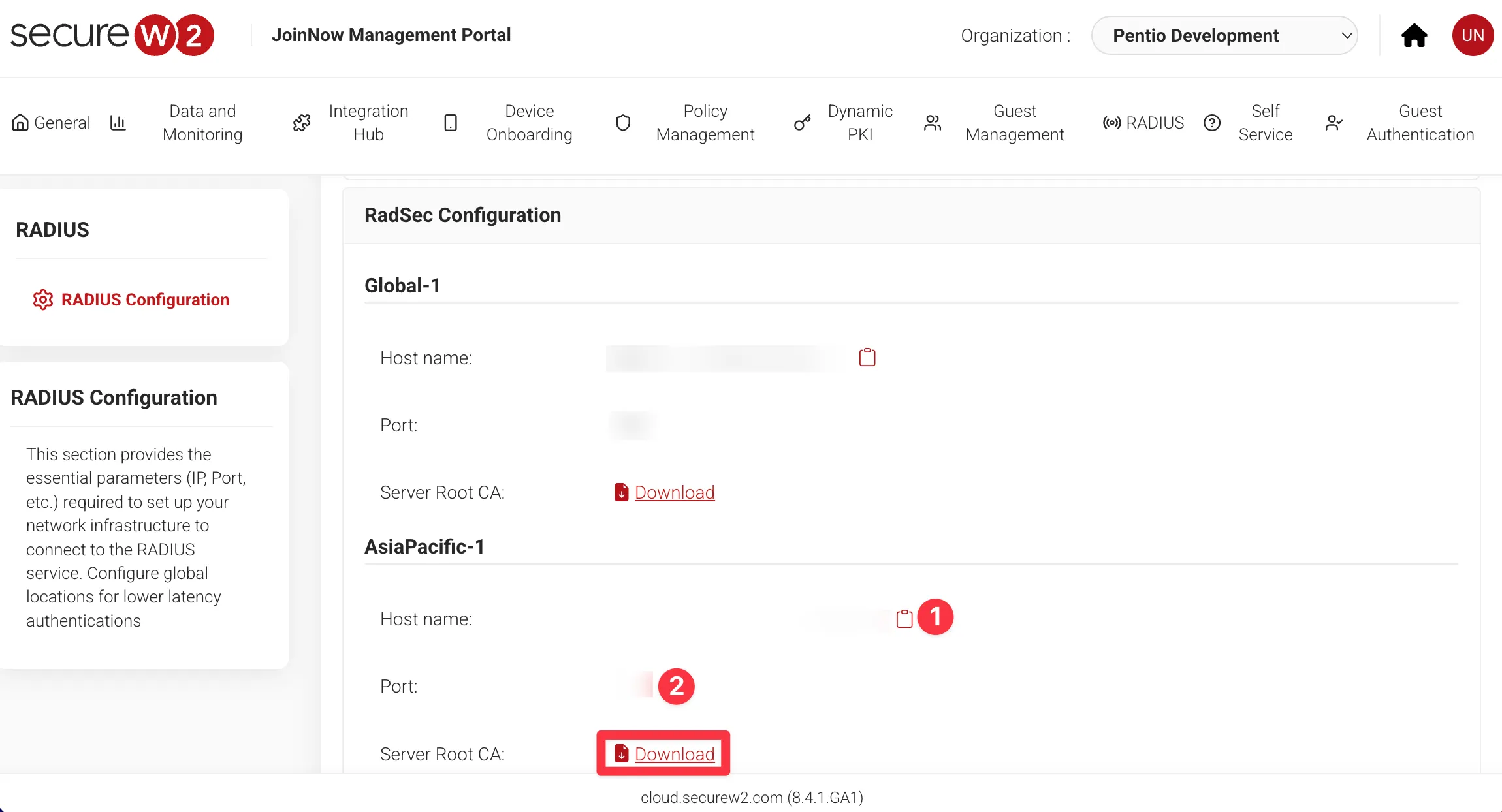 SecureW2でRadSec用サーバー証明書をダウンロードする画面