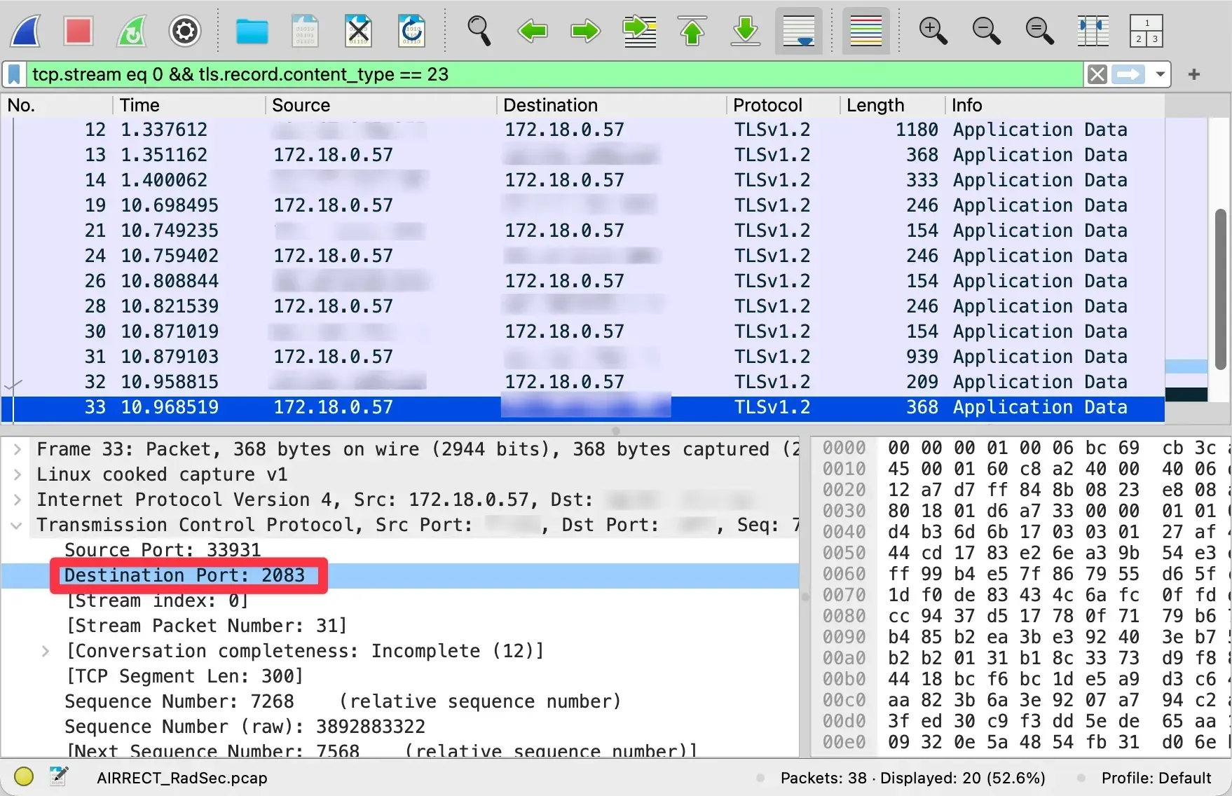 WiresharkでRadSec通信が暗号化されていることを確認した画面