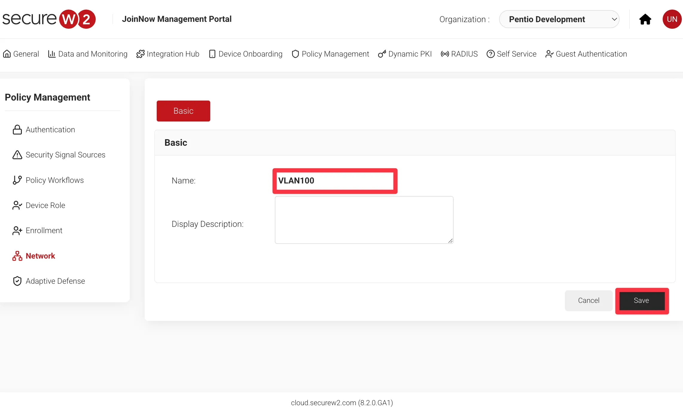 SecureW2でネットワークポリシー名を入力する画面