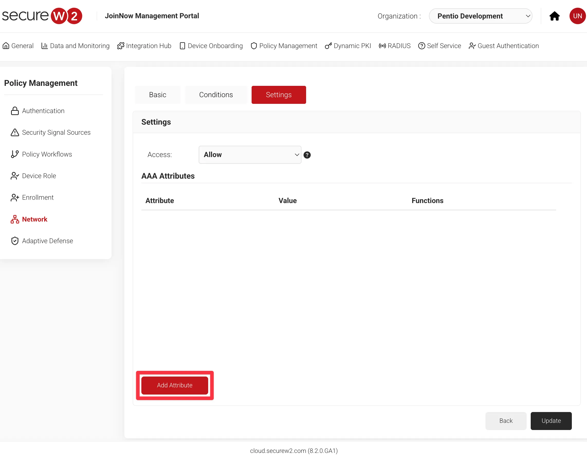 Network PolicyのSettingsタブでRADIUS属性を追加する画面