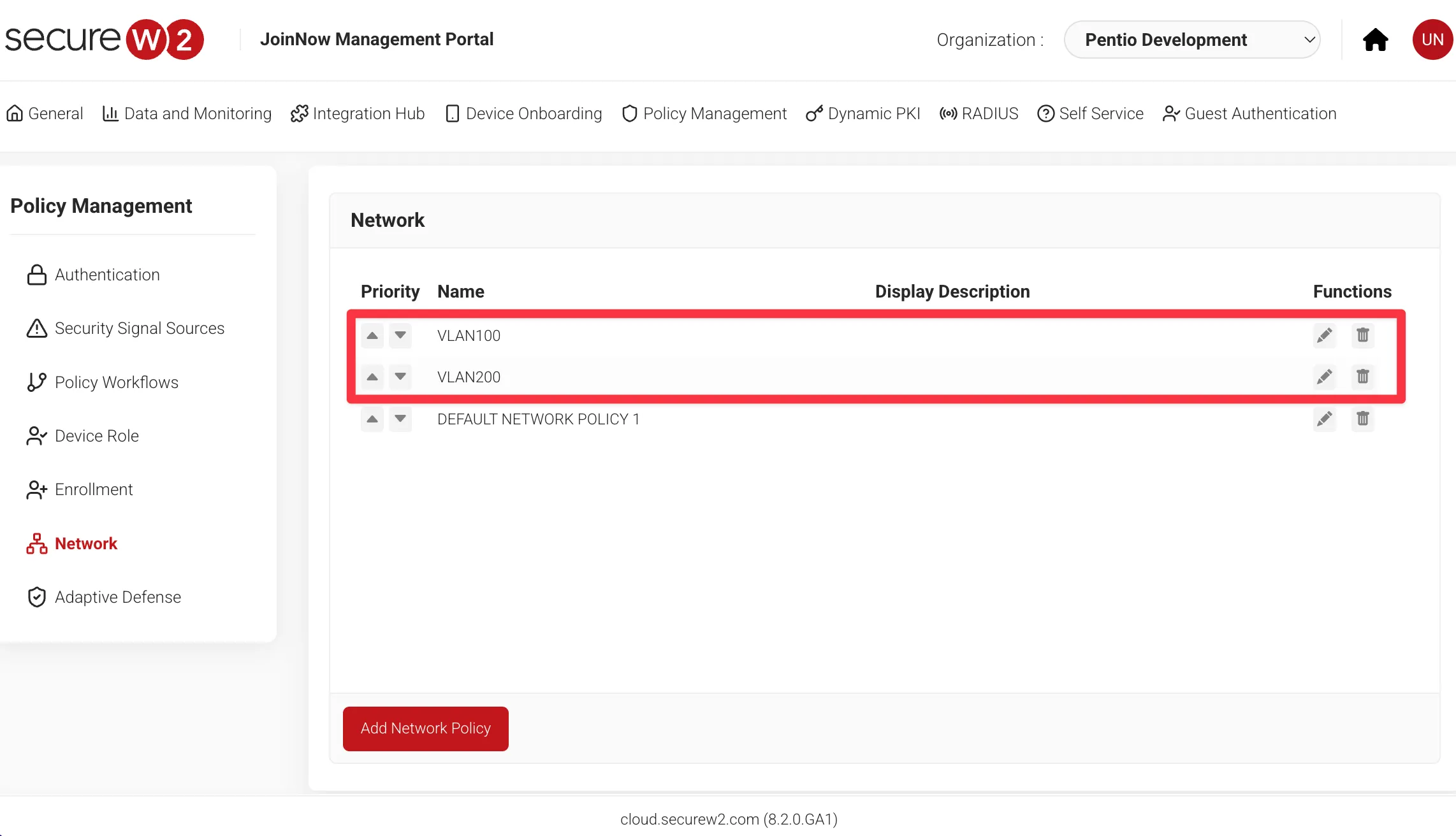 VLAN-ID 200用ネットワークポリシーの設定画面